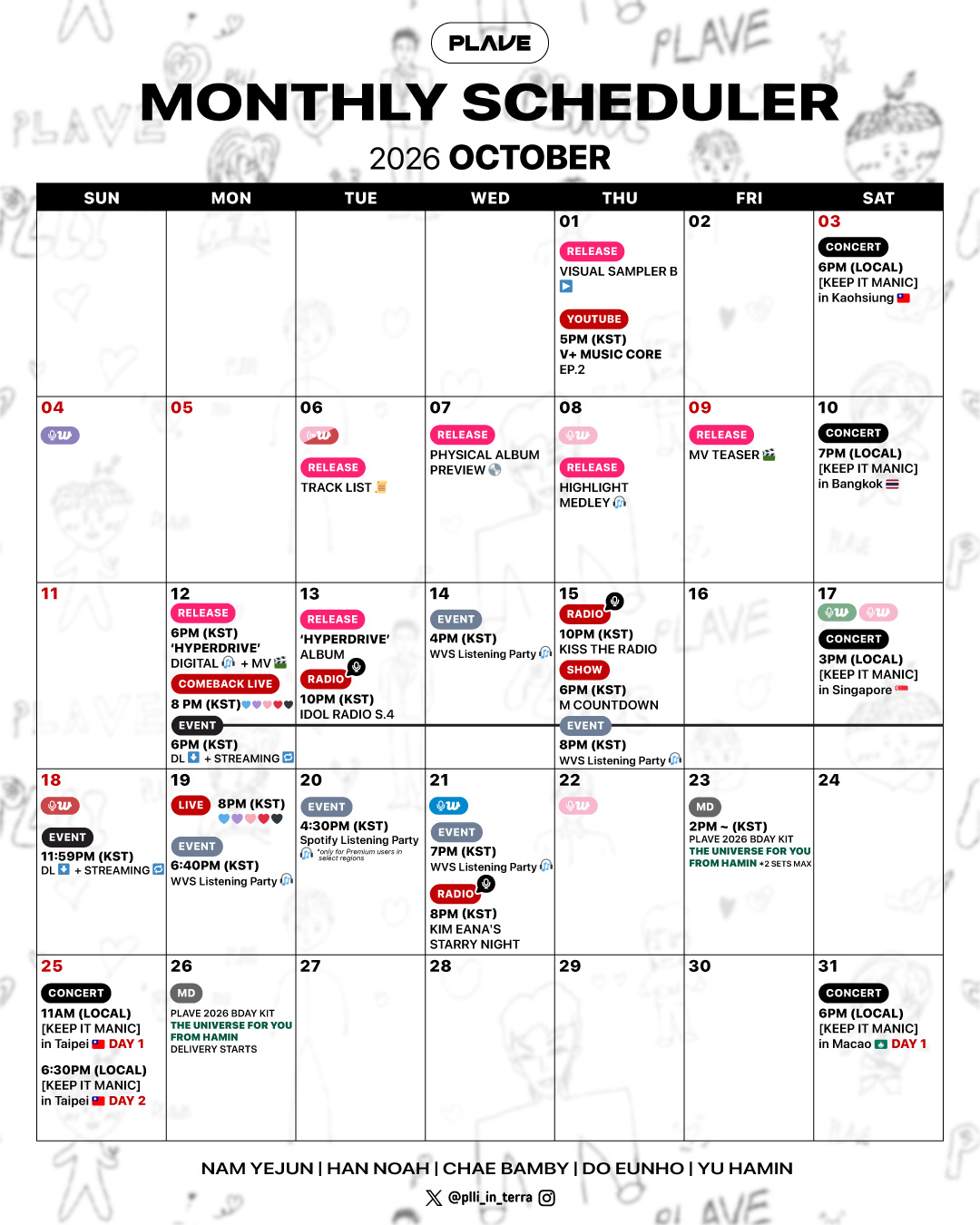 Calendario de PLAVE para octubre de 2026, imagen proporcionada por el usuario